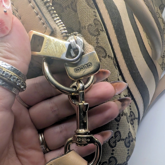 💢 Pristine💢 Gucci Beige And Brown Boston Canvas Stripe Satchel - Picture 3 of 9